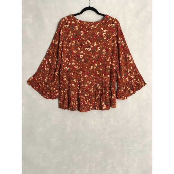 Floral & Ivy Flounce Sleeve Top Women's Large Floral Tiered Brown NEW - Picture 5 of 7